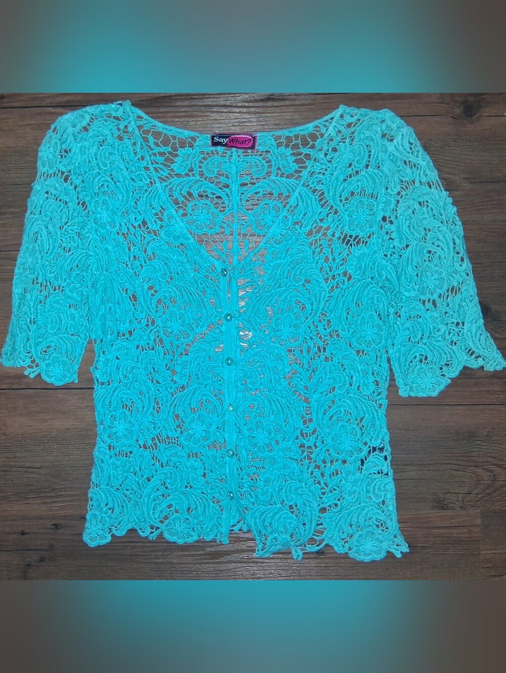 Say What? Turquoise Crochet Lace Button-Front Blouse